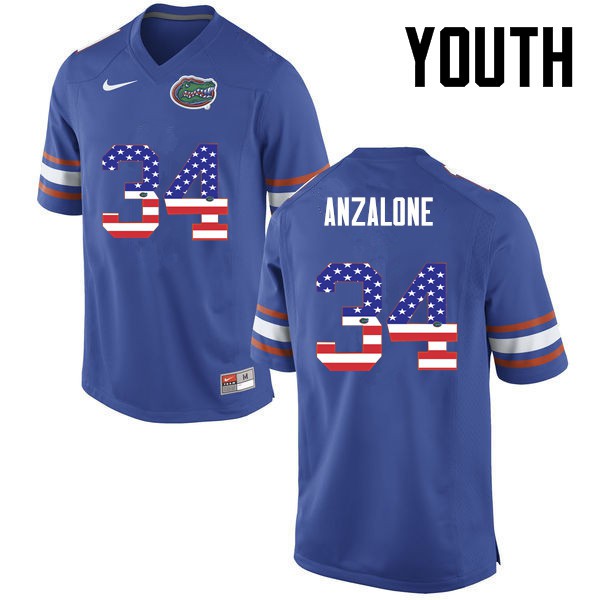 Florida Gators Youth #34 Alex Anzalone College Football USA Flag Fashion Blue